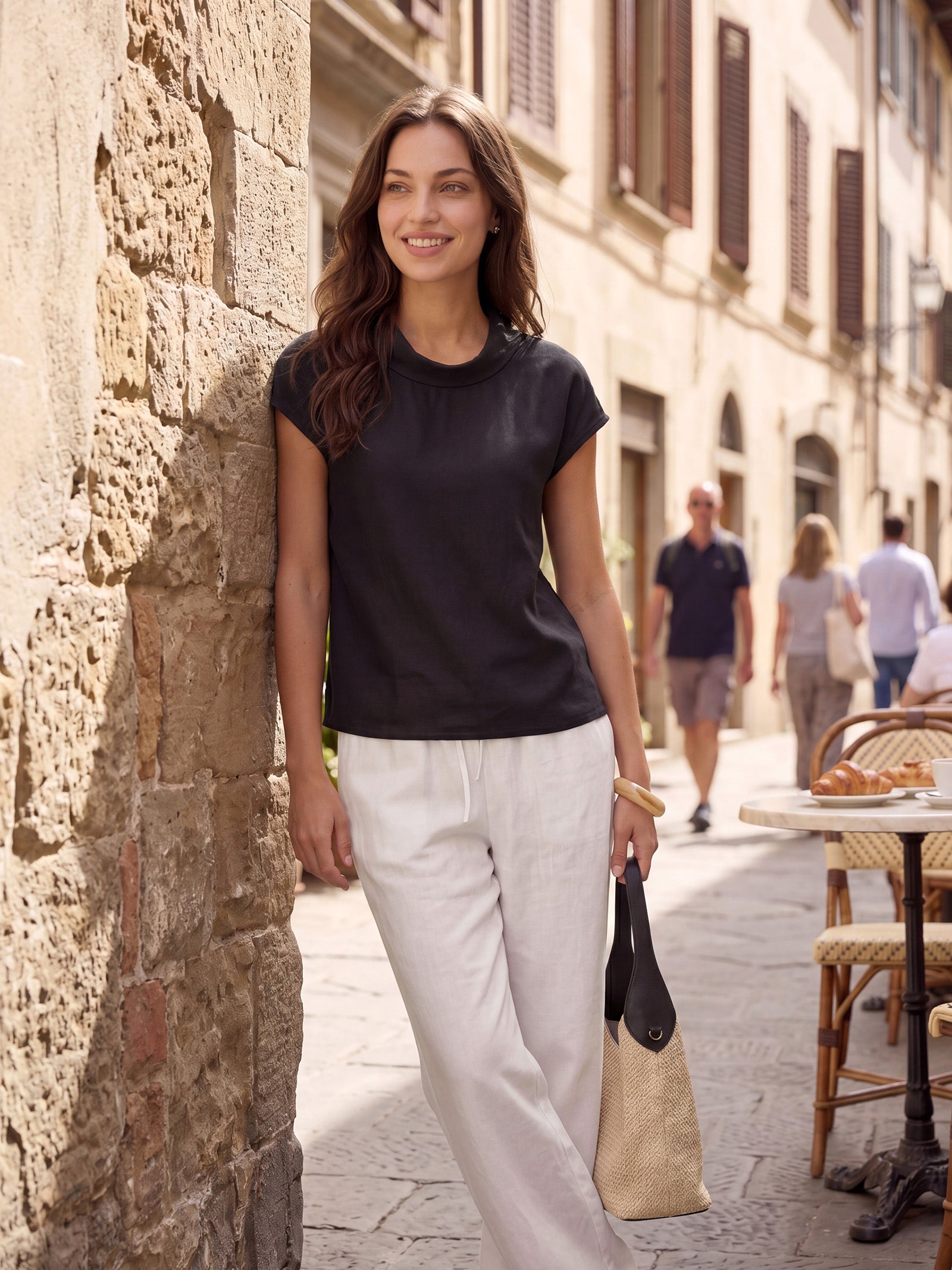 100% Linen Cap Sleeve Soft-Fold Collar Top YVONNE